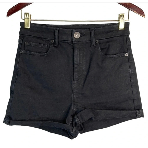 AMERICAN EAGLE Curvy Hi-Rise Shortie Shorts Black Roll Cuff 5 Pocket Design 6 - Picture 2 of 12